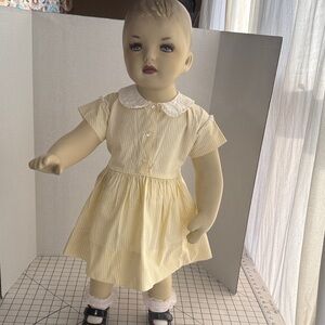 Vintage 1950s Mary Jane Yellow Stripe Toddler Dress w/ Eyelet Collar